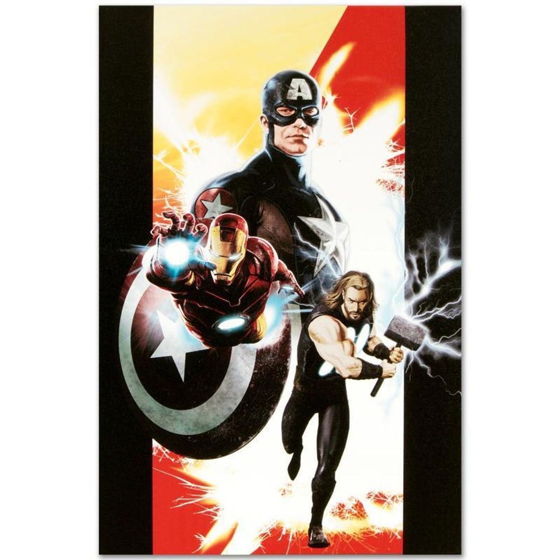 Marvel Comics "Ultimates #1" Numbered Limited Edition Giclee on Canvas by Kaare Andrews with COA.: A piece of comic book history, this limited edition, from original art by Kaare Andrews, depicts Captain America, Thor and Iron Man. Kaare Andrews is a Canadian comic book writer and artist and filmma