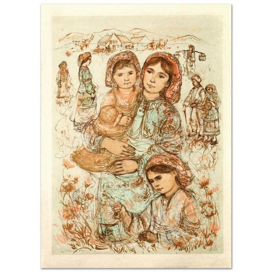 Family in the Field Limited Edition Lithograph by Edna Hibel (1917-2014), Numbered and Hand Signed (1 of 1)