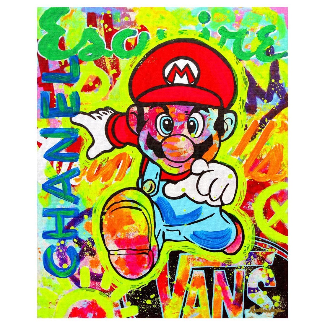 Nastya Rovenskaya- Mixed Media on Canvas "Super Mario's Urban Quest": Artist: Nastya Rovenskaya. Medium: Mixed Media on Canvas. Title: Super Mario's Urban Quest. Size: 20" x 16". Signature: Hand signed. Certificate of Authenticity: Is included. Reference#: 26338.