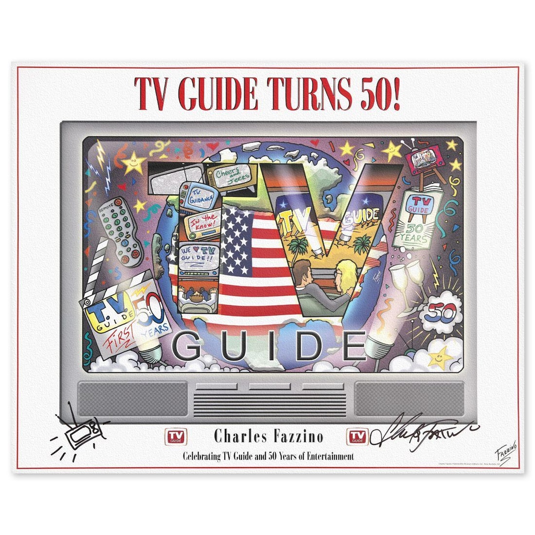 Charles Fazzino- Poster "TV Guide Turns 50!": Artist: Charles Fazzino. Medium: Poster. Title: TV Guide Turns 50!. Size: 18" x 22". Signature: Hand signed. Certificate of Authenticity: Is included. Reference#: 10051.