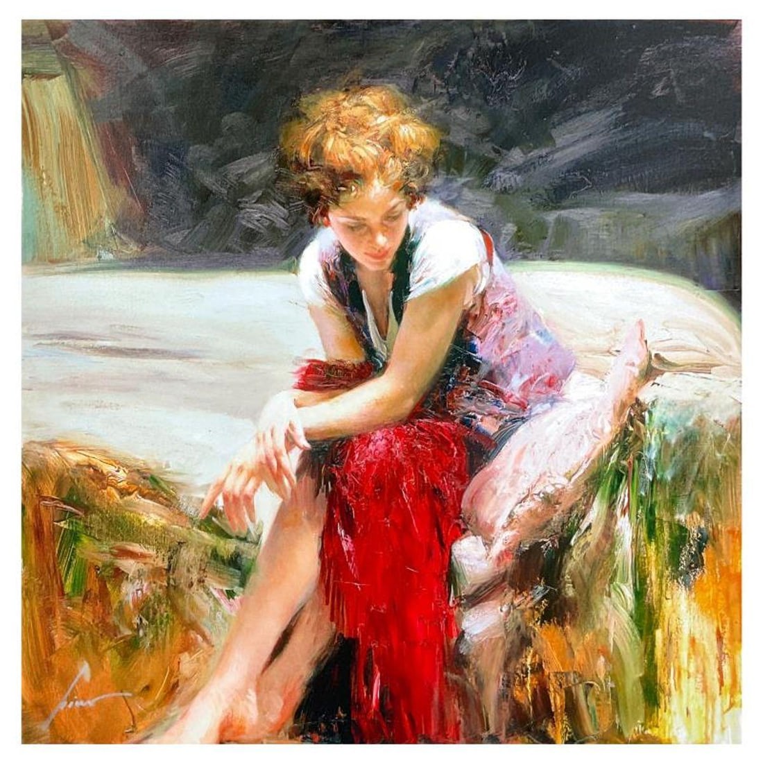 Pino (1939-2010) "Whispering Heart" Limited Edition on Canvas, Numbered and Hand Signed with: Whispering Heart? is a limited edition giclee on canvas by Pino (1939-2010), numbered and hand signed by the artist. Includes Certificate of Authenticity. Measures approx. 28" x 28" (image). Reference