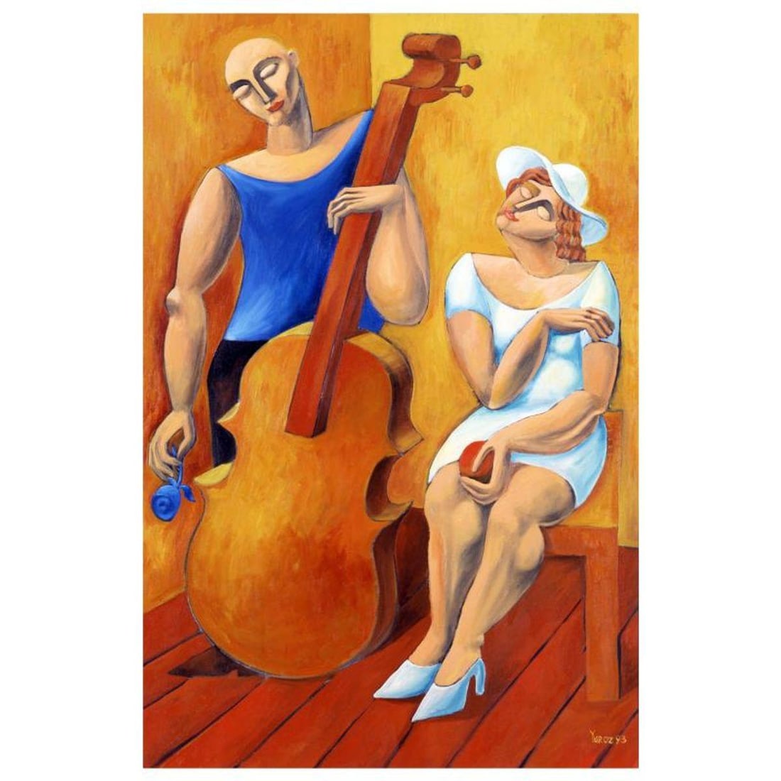Yuroz, "The Cello" Hand Signed Limited Edition Serigraph with Certificate of Authenticity.: The Cello is a limited edition serigraph on archival paper by Yuroz. The piece is hand signed by the artist, numbered, and accompanied by a certificate of authenticity. Measures approximately 48" x 32