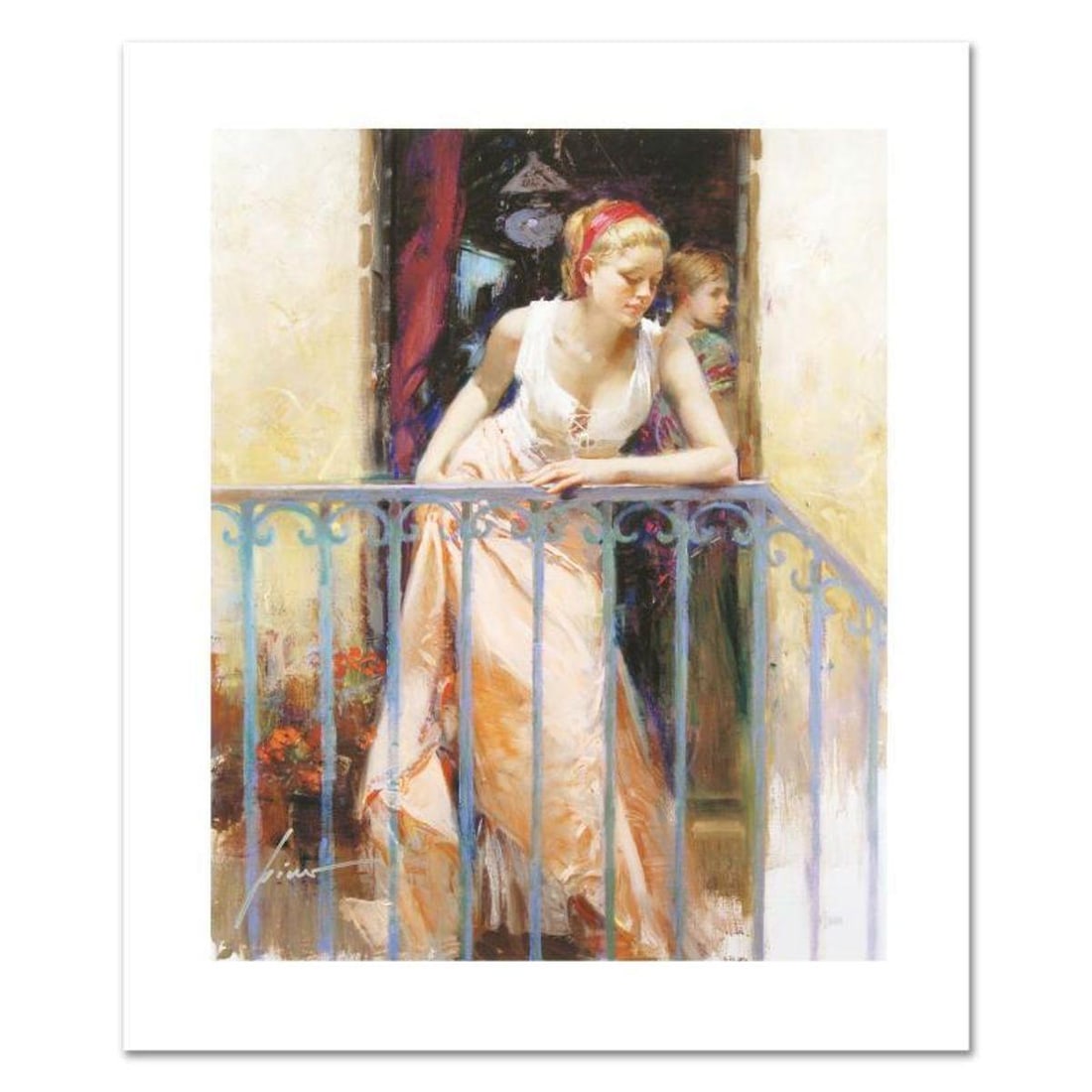 Pino (1939-2010), "At the Balcony" Limited Edition on Canvas, Numbered and Hand Signed with: At the Balcony is a limited edition giclee on canvas by Pino (1939-2010), numbered and hand signed by the artist. Includes Certificate of Authenticity. Measures approx. 16" x 20" (image). Reference#: