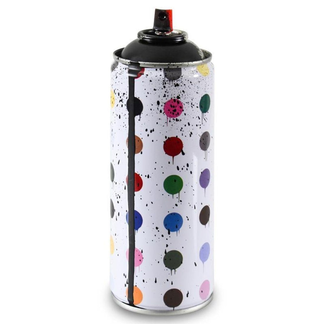 Mr. Brainwash, "Hirst Dots (Black)" Limited Edition Hand Painted Spray Can with Plate Signature.: Hirst Dots (Black) is a numbered limited edition hand painted spray can by Mr Brainwash. This piece bears the plate signature of the artist and comes from his 2020 Classic Spray Can Collection. Measur