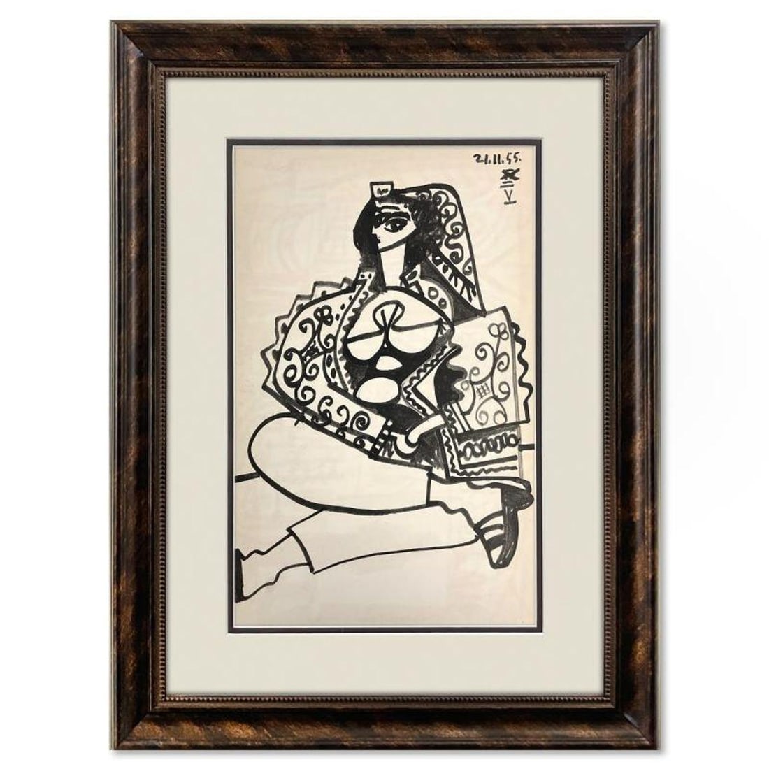 Pablo Picasso (1881-1973), "Carnet de Californie 21.11.55-V" Framed Vintage Lithograph on Paper with: Carnet de Californie 21.11.55-V is a vintage lithograph on paper by Pablo Picasso (1881-1973). This piece is from Picasso's Carnet de Californie Series and was printed in Paris, France by Mourlot Stud