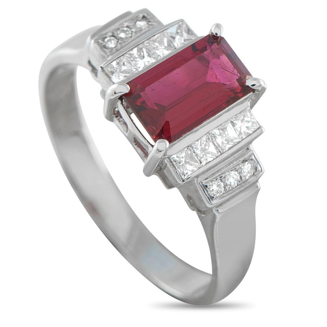 18K WHITE GOLD 0.38 CT DIAMOND AND 1.0 CT RUBELLITE RING: Structural and sophisticated, this white gold ring holds a 1.0 ct emerald-cut rubellite, secured by minimalist claw prongs that highlight its crisp silhouette. The deep hue of the rubellite is framed