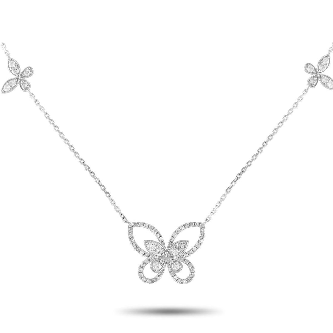 14K WHITE GOLD 0.86CT DIAMOND BUTTERFLY NECKLACE: This 14K white gold necklace will continually capture your imagination. The 15 chain features five butterfly-shaped stations, including a central pendant measuring 0.65 long by 0.75 wide. Diamonds wit
