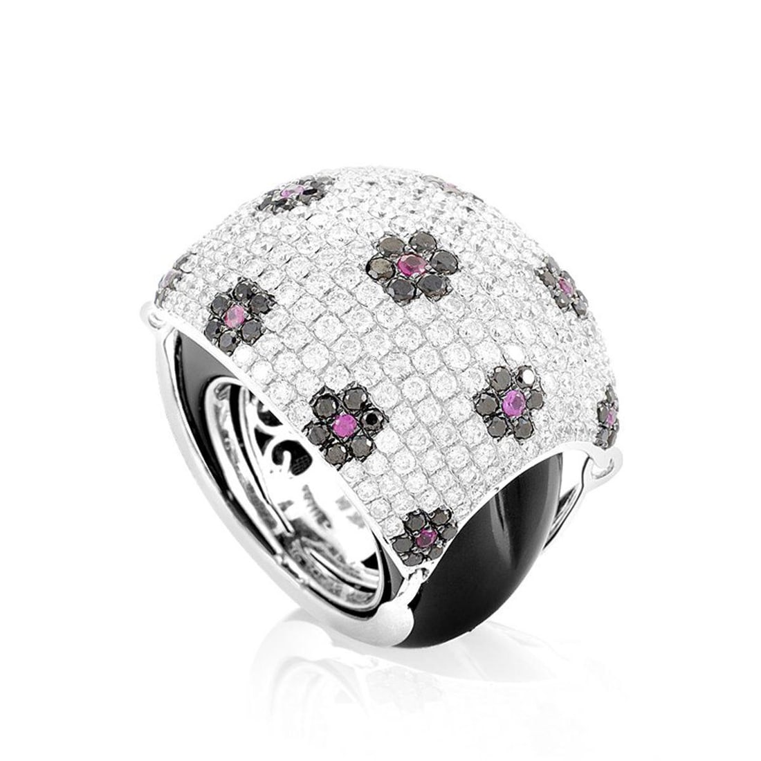18K WHITE GOLD FLORAL GEMSTONE PAVE DOME RING: This exceptionally feminine ring glitters with a rare and luxurious elegance. The ring is made of 18 white gold and boasts shanks accented with black onyx. Lastly, the domed portion of the ring is set