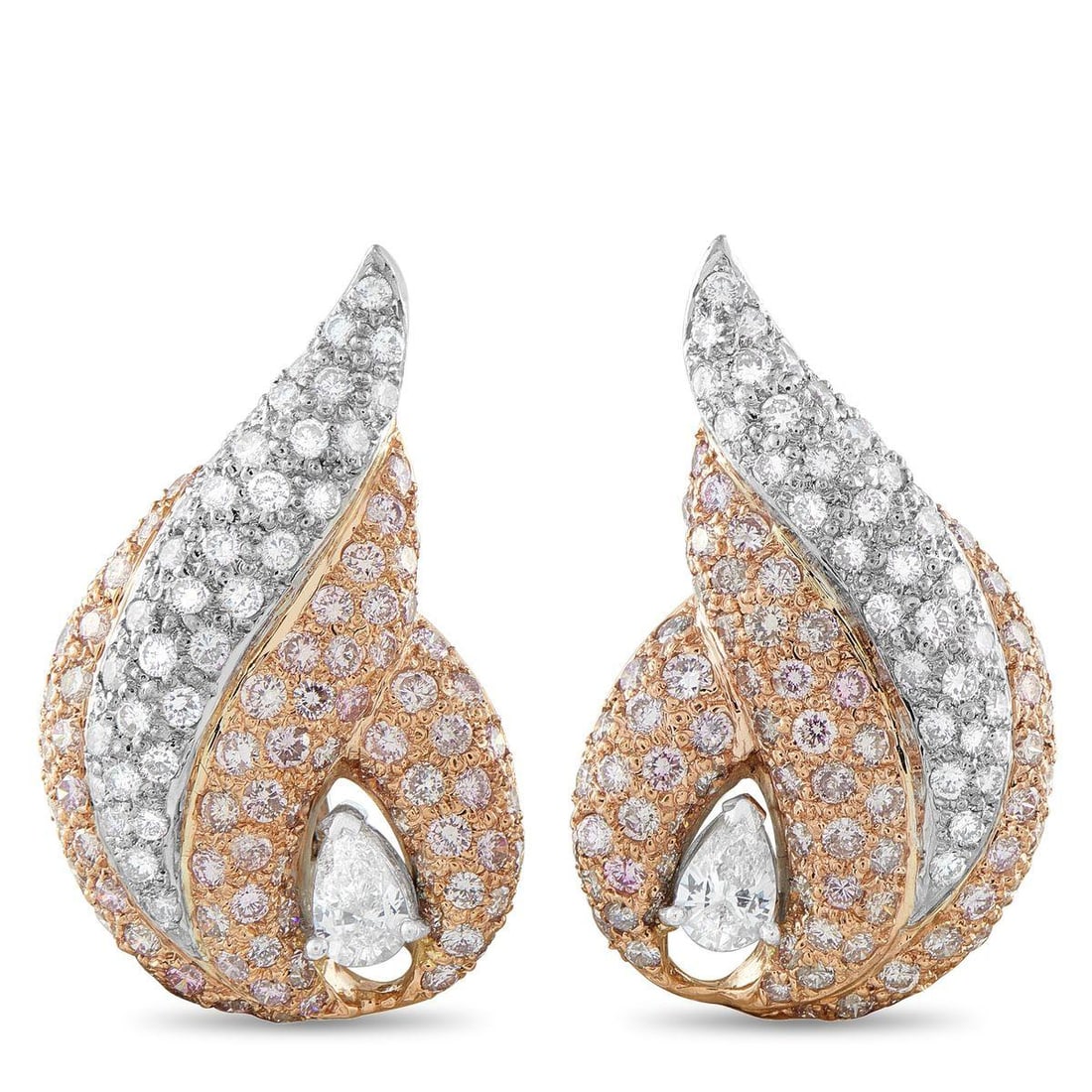 18K WHITE AND ROSE GOLD 2.7 CT WHITE DIAMOND AND 4.20 CT PINK DIAMOND SHELL EARRINGS: Inspired by the curved forms of a sea-tossed shell, these clip-on earrings are built around flow and surface. Pear-cut diamonds totaling 1.20 carats sit at the center, establishing the point from whic