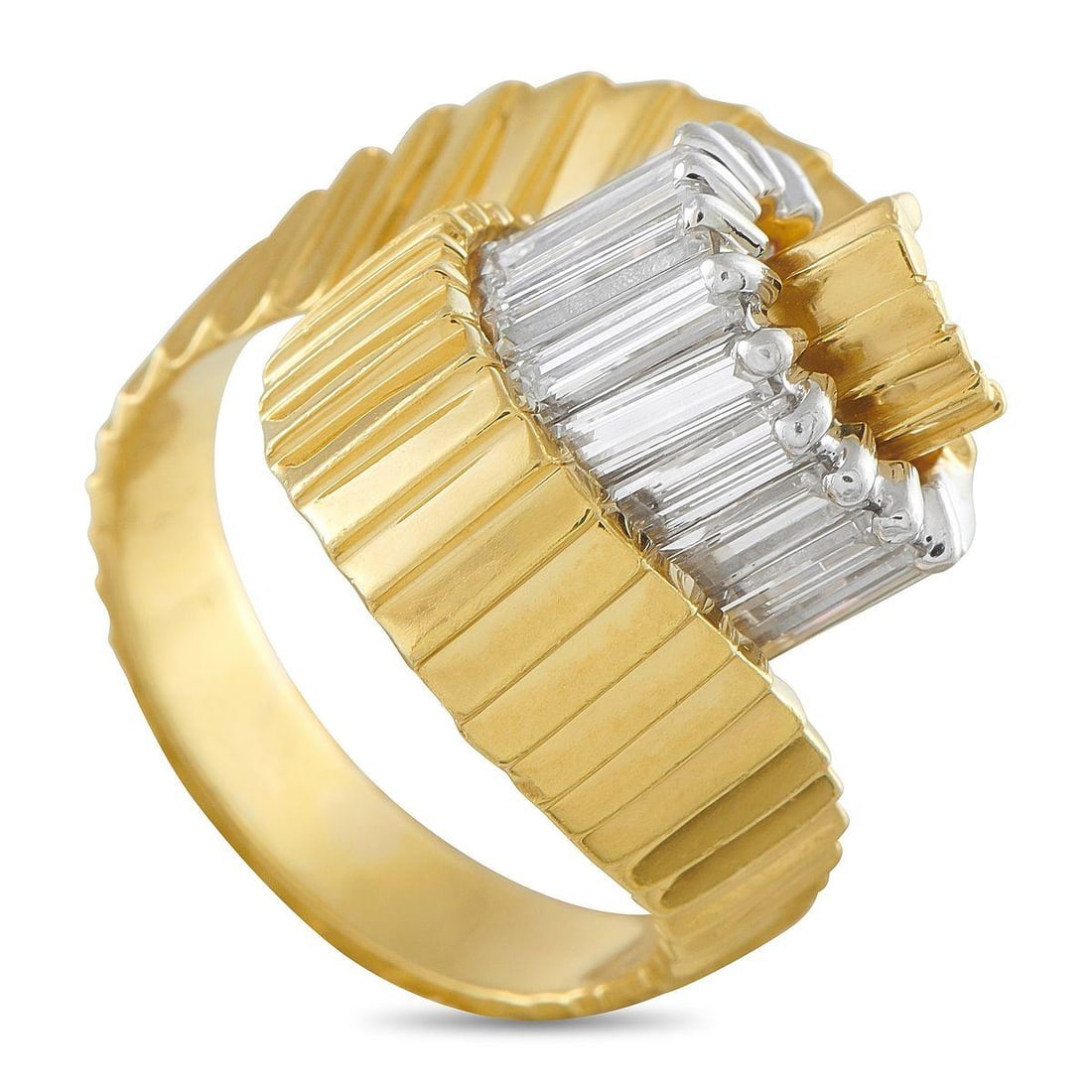 JOSE HESS 18K YELLOW GOLD 1.65CT DIAMOND SWIRL RING: An artistic design makes this Jose Hess ring unlike anything youve seen before. The opulent 18K Yellow Gold setting features a dynamic swirl design that is elevated by shimmering Diamond baguettes tot