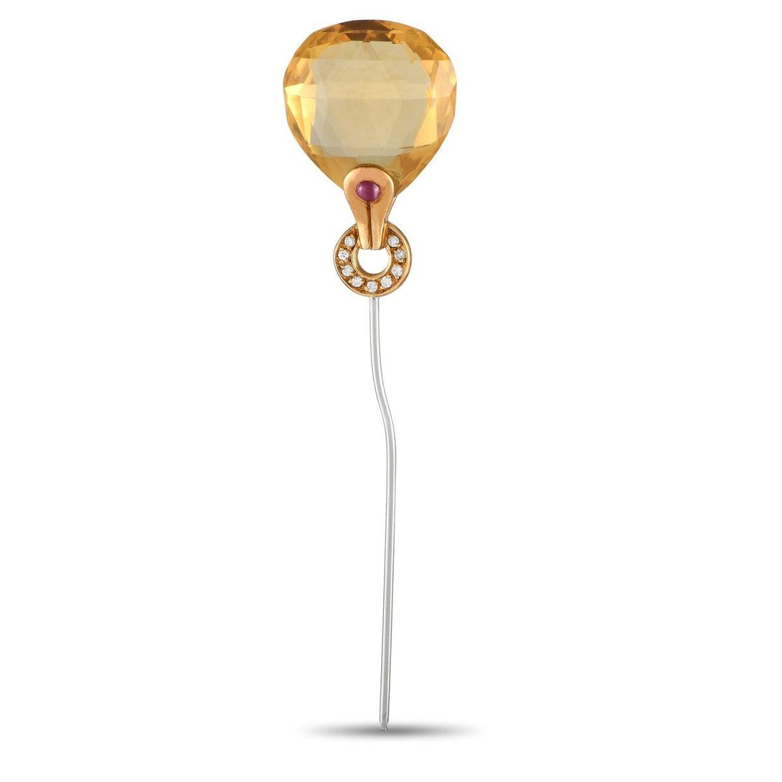 ANTONINI 18K YELLOW GOLD GEMSTONE PIN: A delightful, wonderfully-cut citrine stone takes the central spot of this enchanting pin from Antonini, set on a delicate 18K yellow gold base embellished with diamonds and a strikingly contrasting r