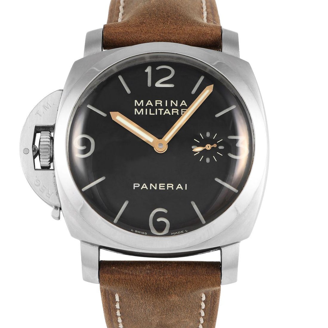 OFFICINE PANERAI LUMINOR MARINA MILITARE WATCH: The Officine Panerai Luminor Marina Militare Watch, reference number PAM00217, is a limited-edition timepiece designed for left-handed individuals.Along with a 47mm case made from brushed steel and a