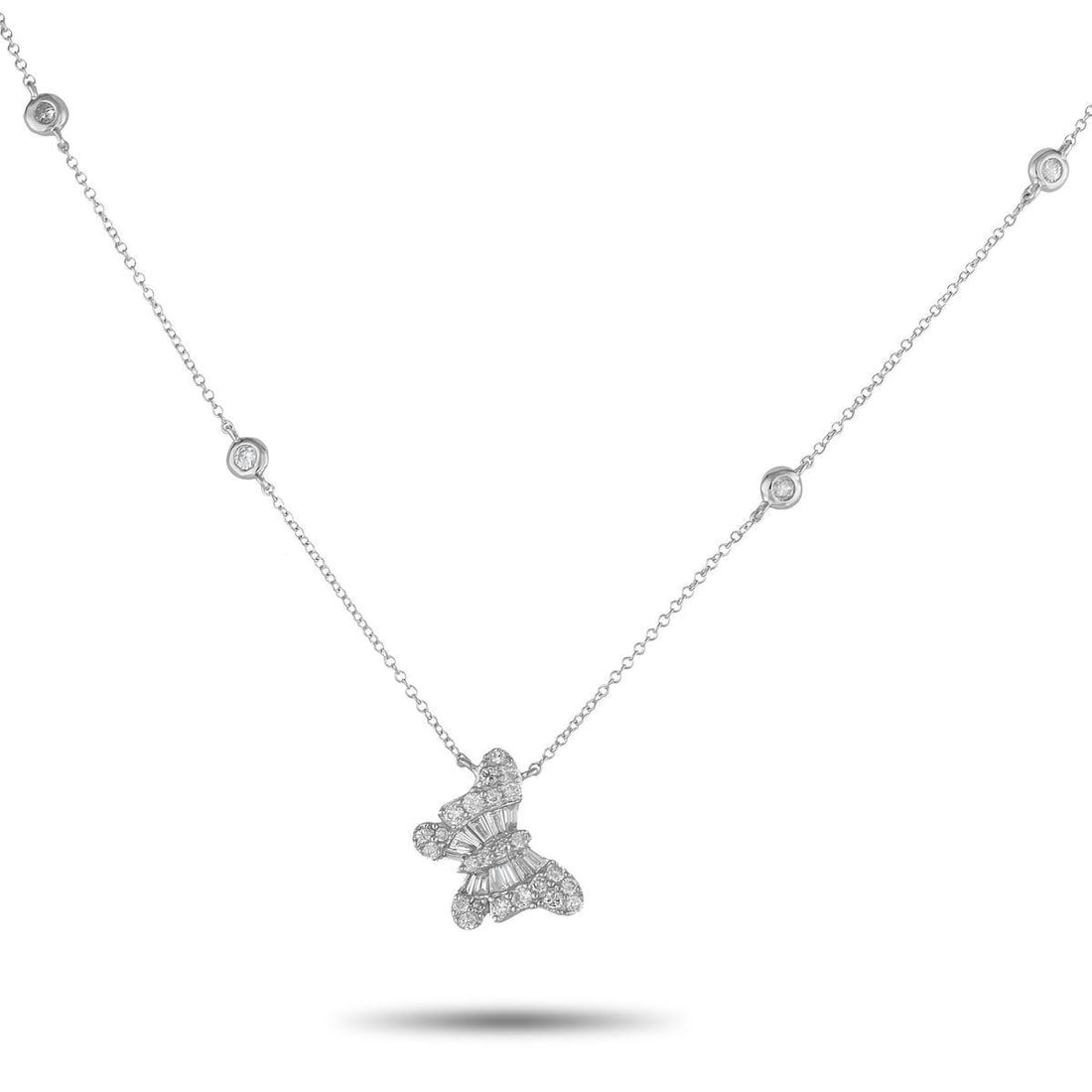 14K WHITE GOLD 0.75CT DIAMOND BUTTERFLY NECKLACE: This luxury necklace is endlessly charming. Diamonds with a total weight of 0.75 carats add sparkle to the 16 chain and the butterfly pendant. Ideal for everyday wear, the pendant measures 0.50 long b