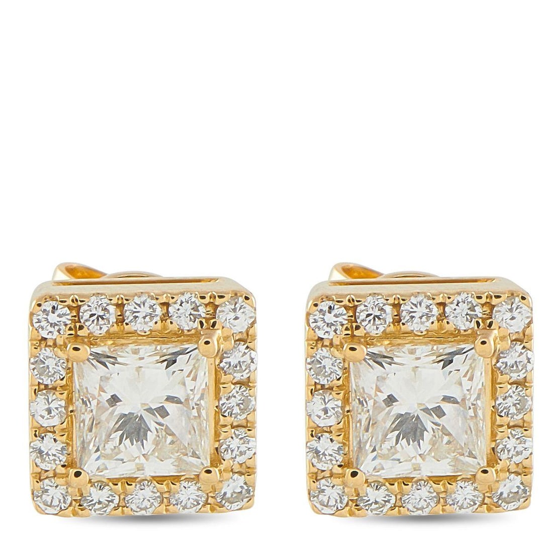 18K YELLOW GOLD 1.37CT DIAMOND SQUARE STUD EARRINGS: These luxury earrings are incredibly chic. The square design gives them a clean, classic appearance, while sparkling Diamonds with a total weight of 1.37 carats make them an elegant addition to any en