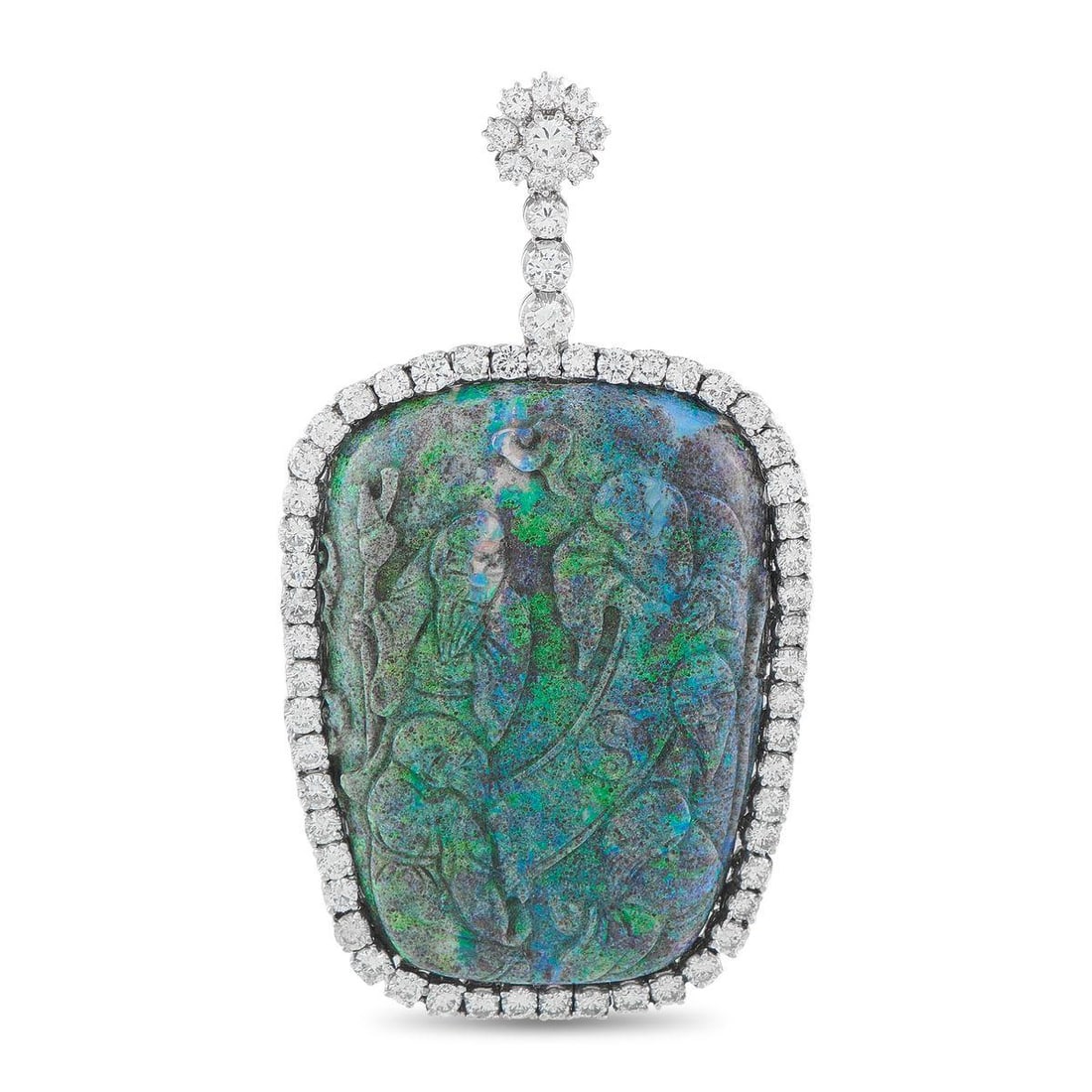 18K WHITE GOLD 6.40CT DIAMOND AND OPAL PENDANT: This luxury pendant is unlike anything youve seen before. Set in 18K White Gold, a carved Opal with captivating blue and green tones makes a stunning statement. Sparkling Diamonds with a total weight
