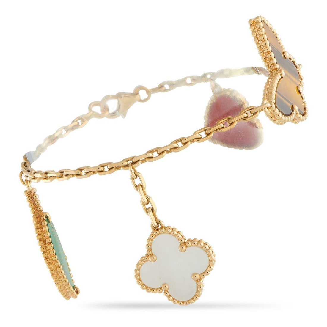 VAN CLEEF & ARPELS LUCKY ALHAMBRA 18K YELLOW GOLD CHARM BRACELET: This playful Van Cleef & Arpels Lucky Alhambra bracelet celebrates beauty in all its forms. An array of colors and shapes come together to create this captivating accessory, which includes the brands