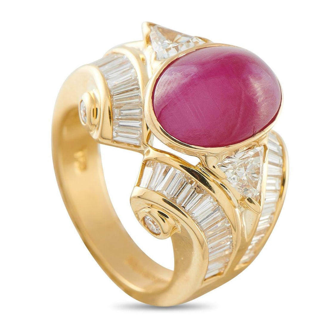 CHARLES KRYPELL 18K YELLOW GOLD 2.25CT DIAMOND AND RUBY RING: This Charles Krypell ring is a timeless luxury piece. The detailed 18K Yellow Gold setting beautifully showcases a 6.42 carat Burma No Heat Ruby center stone. Diamond accents totaling 2.25 carats furt