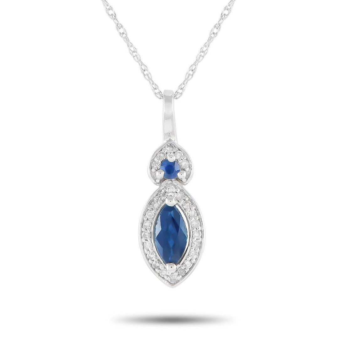 14K WHITE GOLD 0.07CT DIAMOND AND SAPPHIRE MARQUISE NECKLACE: Bearing a September birthstone, this diamond and sapphire necklace makes a meaningful gift for those born in the ninth month of the year. The necklace has a double cable chain measuring 18 inches long
