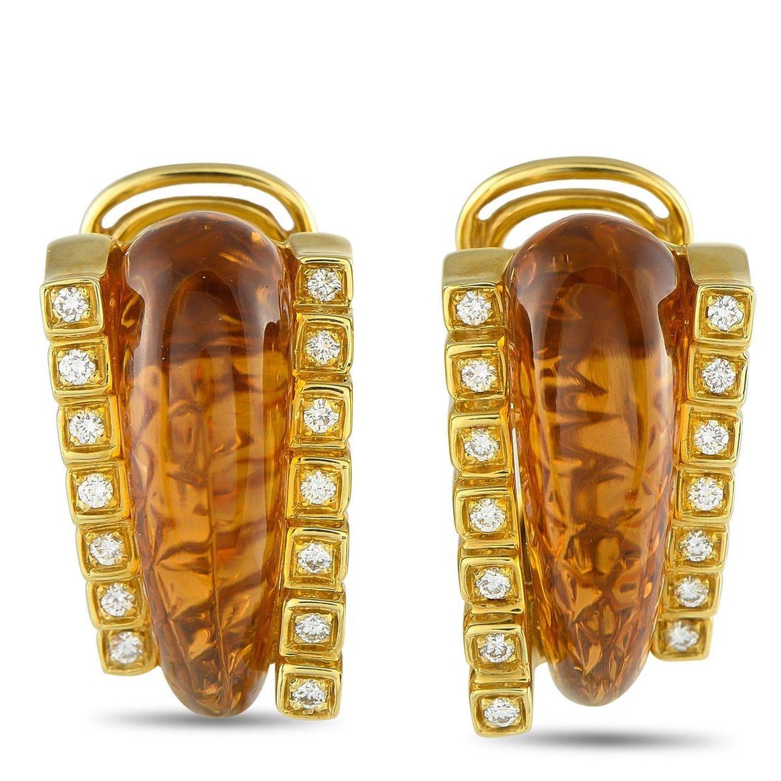 ROBERTO LEGNAZZI 18K YELLOW GOLD 0.56CT DIAMOND AND CITRINE EARRINGS: An Italian designer known for his bold and breathtaking accessories, these Roberto Legnazzi earrings exemplify his master craftsmanship. These uniquely elegant earrings feature Citrine stones at the c