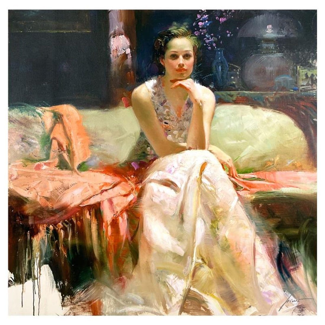 Pino (1939-2010), "First Glance" Limited Edition on Canvas, Numbered and Hand Signed with: First Glance is a limited edition giclee on canvas by Pino (1939-2010), numbered and hand signed by the artist. Includes Certificate of Authenticity. Measures approx. 34" x 34" (image). Reference#: 93