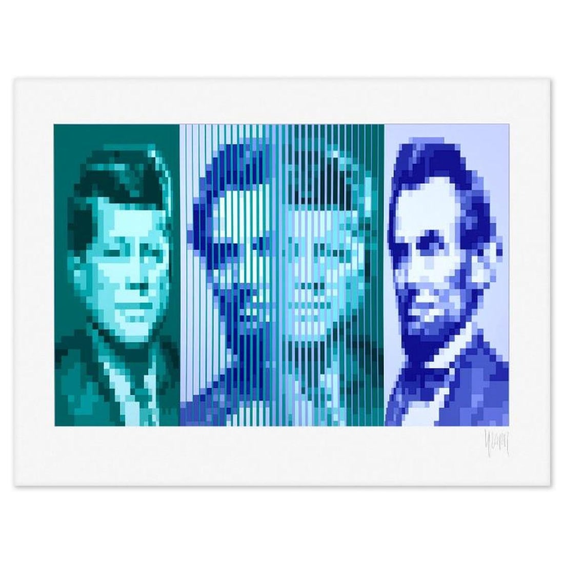 Yvaral, "Kennedy/Lincoln" Limited Edition Serigraph, Numbered and Hand Signed with Letter of: Kennedy/Lincoln is a limited edition serigraph on paper by Yvaral, numbered and hand signed with a Letter of Authenticity. Measures approx. 30" x 39" (border), 22" x 32.5" (image). Reference#: 94110.