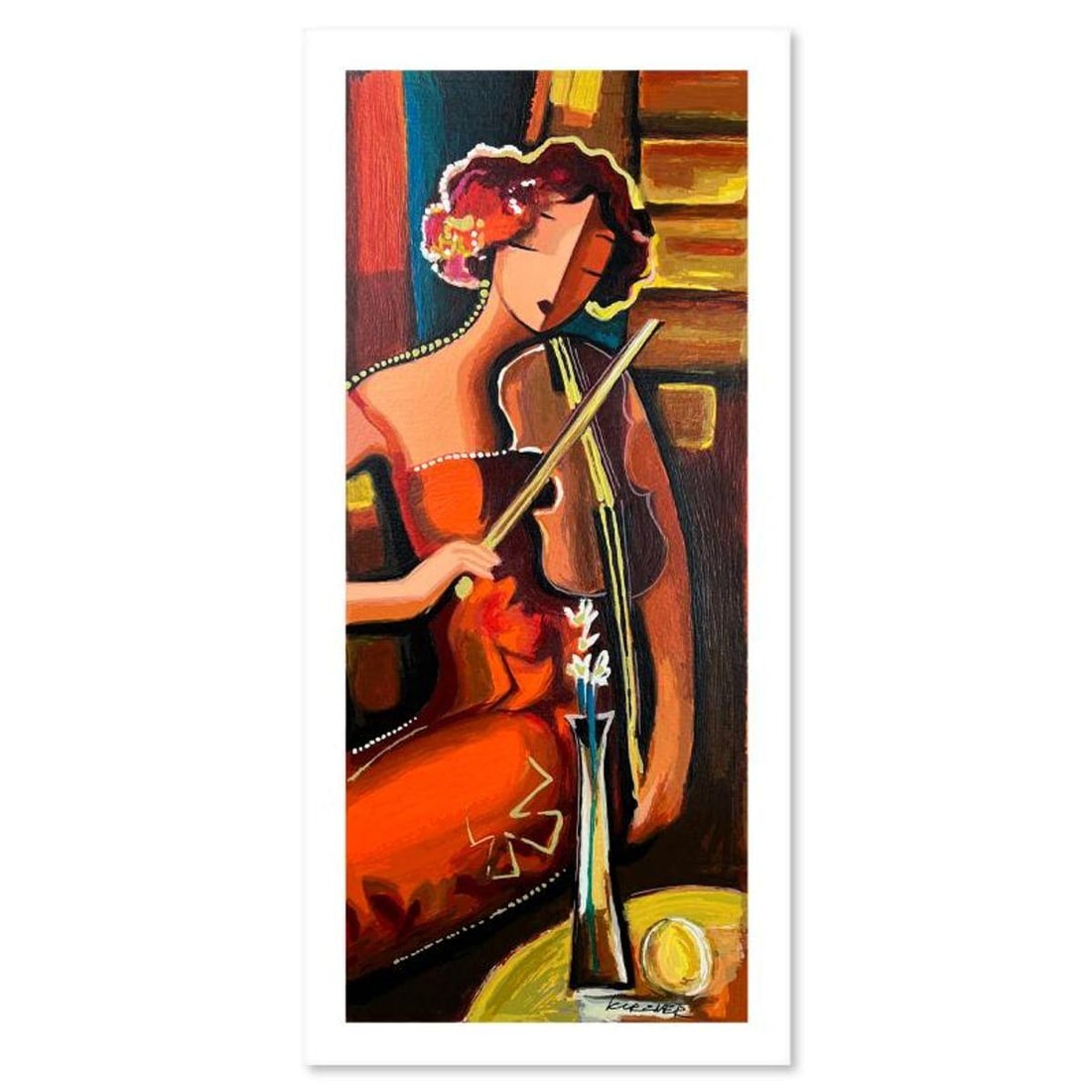 Michael Kerzner, "The Violinist" Hand Signed Limited Edition Serigraph on Paper with Letter of: The Violinist is a limited edition serigraph on paper by Michael Kerzner. The piece comes hand signed by the artist, numbered, and with a letter of authenticity. Measures approximately 23" x 10". Refe