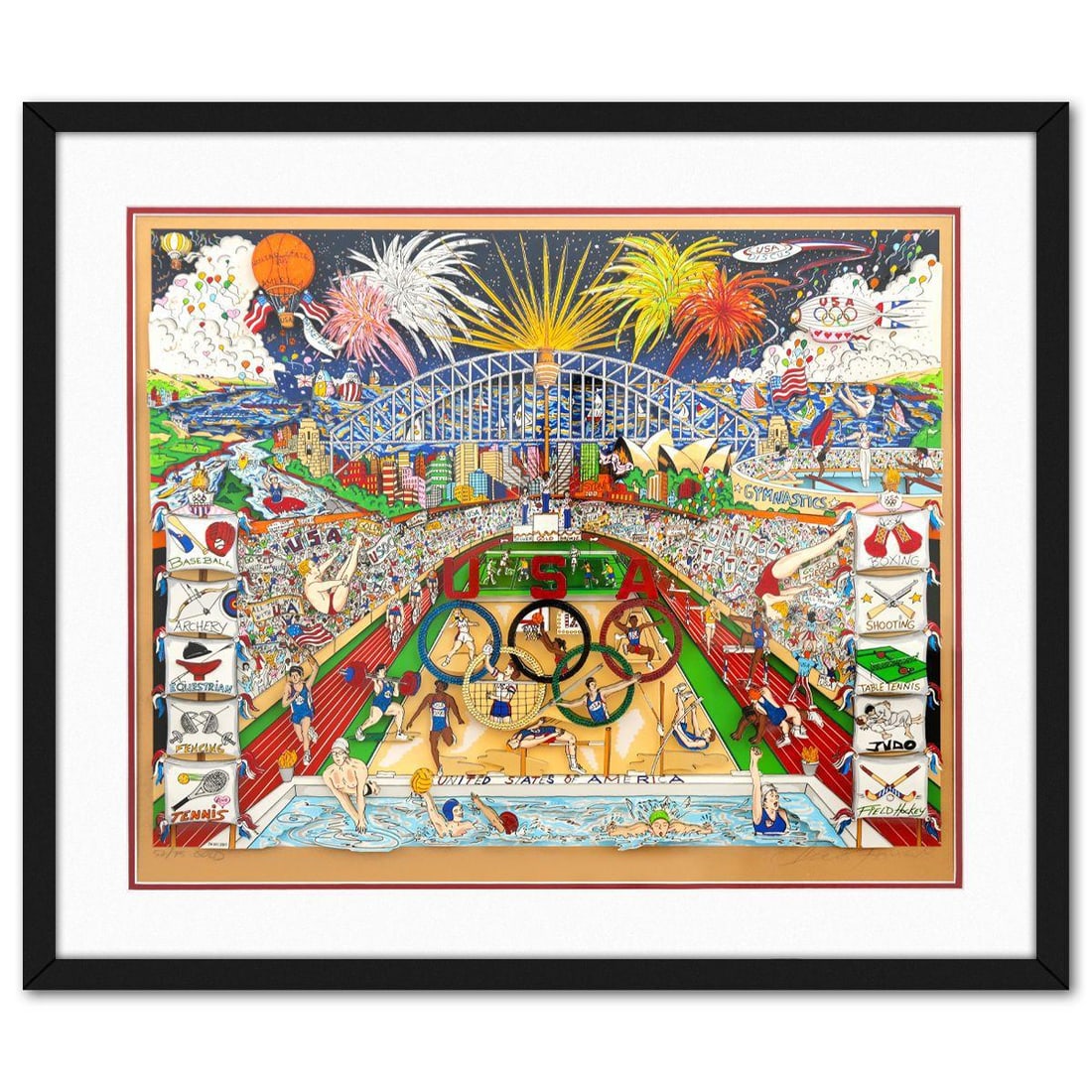 Charles Fazzino- 3D Construction Silkscreen Serigraph "Olympics": Artist: Charles Fazzino. Medium: 3D Construction Silkscreen Serigraph. Title: Olympics. Size: 21" x 27". Measures approx. 28" x 33" (framed). Signature: Hand signed and numbered. Certificate of Authen
