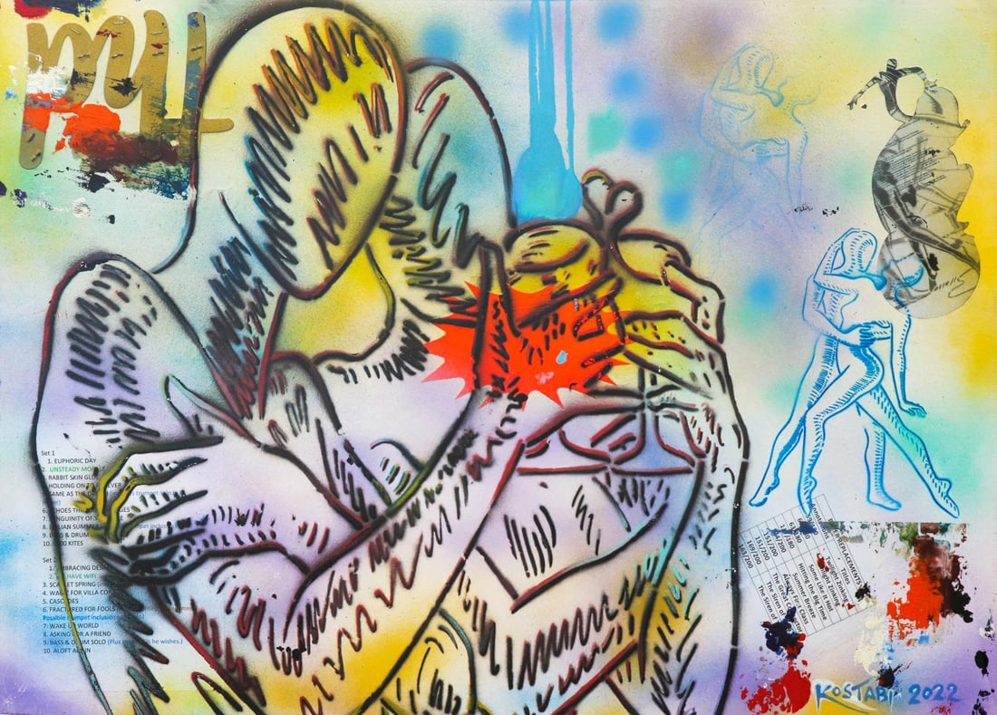 Mark Kostabi- Original Mixed Media on Paper "Celebrating Now" - 2