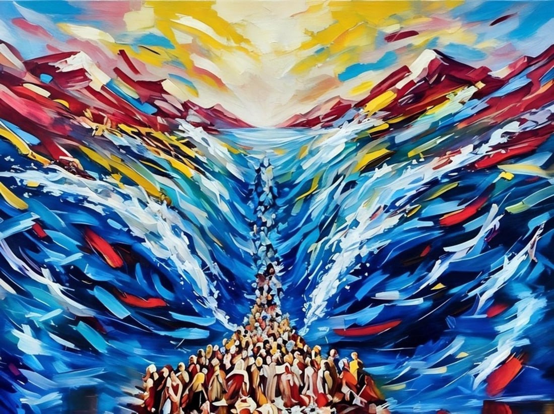 Shem Tov- Limited Edition hand and embellished giclee on canvas "Exodus": Artist: Shem Tov. Medium: Limited Edition hand and embellished giclee on canvas. Title: Exodus. Size: 30" x 40". Signature: Hand Signed. Reference#: 85774.