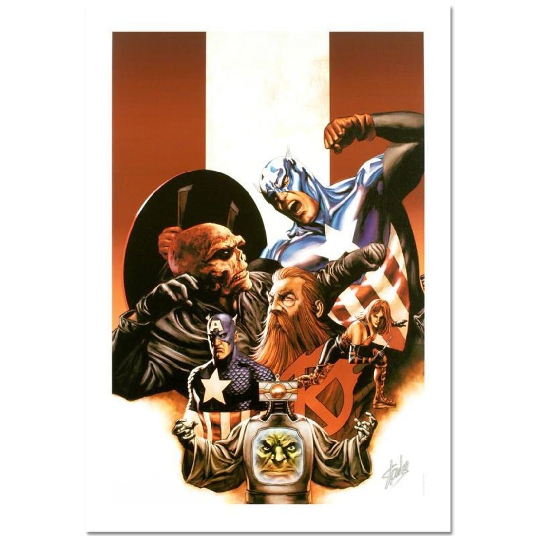 Stan Lee Signed, Marvel Comics "Captain America #42" Limited Edition Canvas, Numbered 7/10 with: "Captain America #42" is a limited edition giclee on canvas with art by Steve Epting. Officially licensed by Marvel, this piece is numbered 7/10 and hand signed by creative legend Stan Lee (1922-2018)