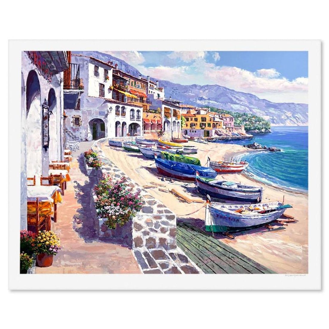 Sam Park, "Boats of Calella" Limited Edition Printer's Proof Serigraph, Numbered and Hand Signed: Boats of Calella is a limited edition printer's proof serigraph on paper by Sam Park, numbered and hand signed by the artist. Includes Letter of Authenticity. Measures approx. 40.5" x 49" (border), 36