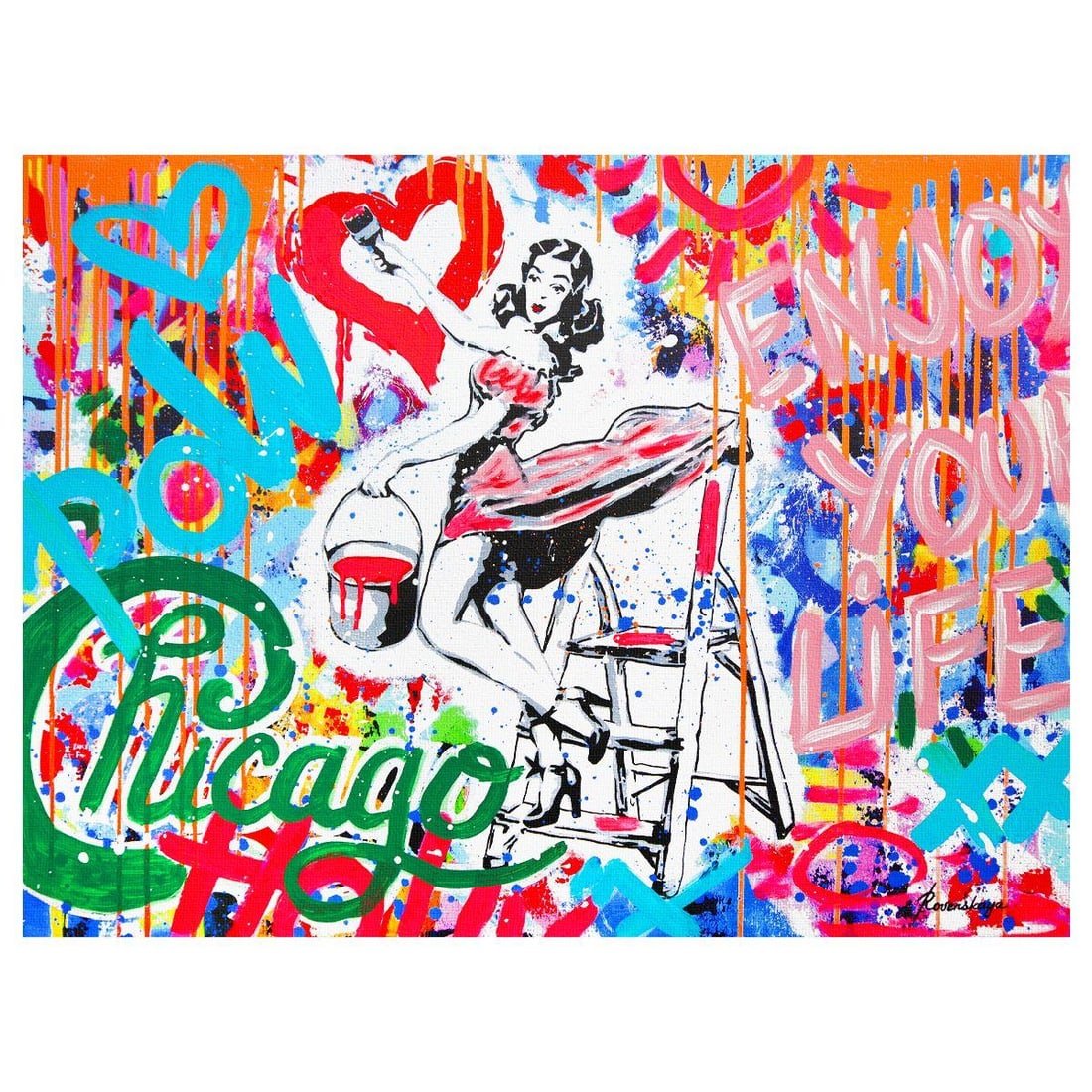 Nastya Rovenskaya- Mixed Media on Canvas "Love in Full Blast": Artist: Nastya Rovenskaya. Medium: Mixed Media on Canvas. Title: Love in Full Blast. Size: 30" x 40". Signature: Hand Signed. Certificate of Authenticity: Is included. Reference#: 30200.