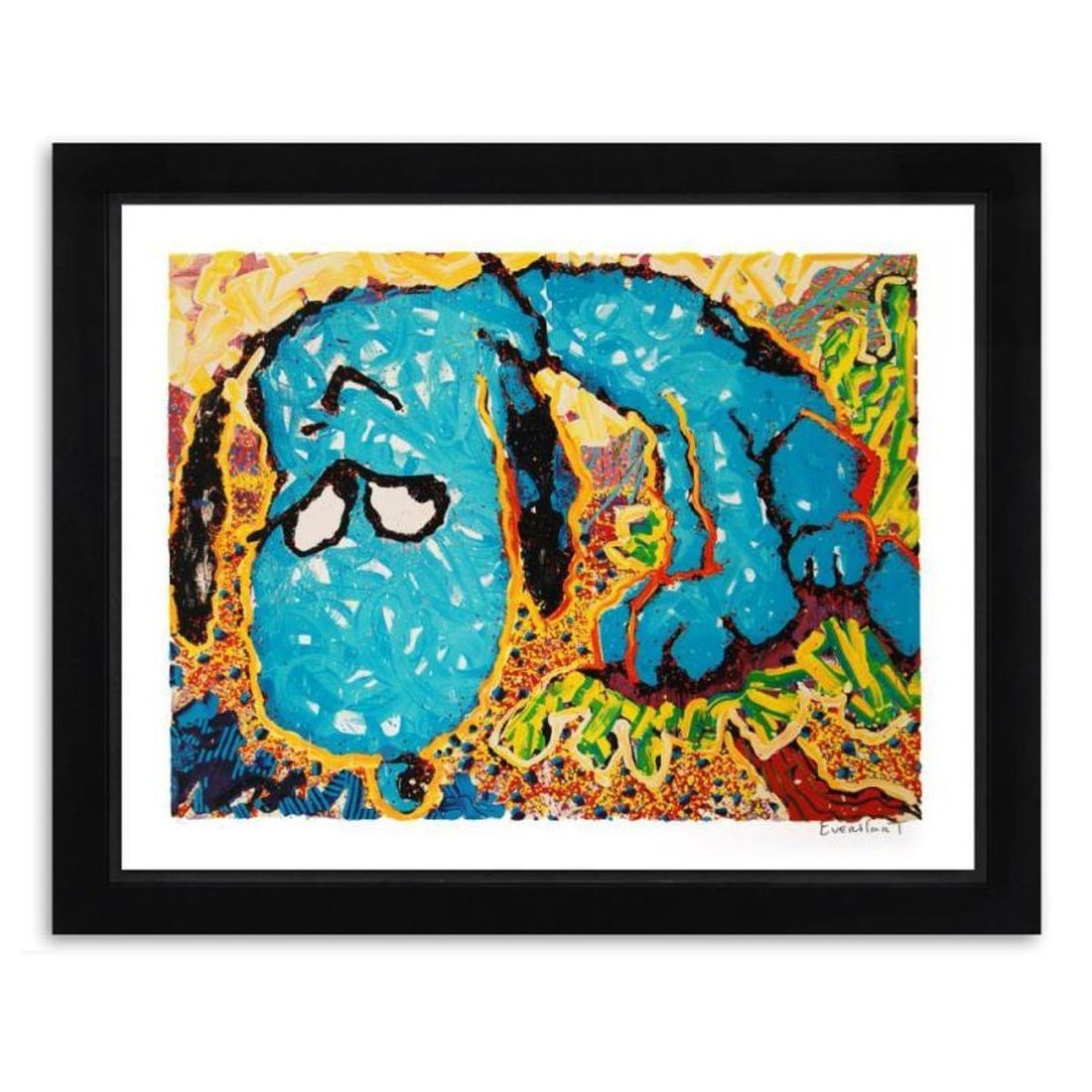 Tom Everhart, "Hollywood Hound Dog" Framed Limited Edition Hand Pulled Original Lithograph. Hand: Hollywood Hound Dog is a limited edition hand pulled original lithograph on museum quality paper by Tom Everhart. The piece is numbered, and hand signed by the artist. This is one of the final Everhar