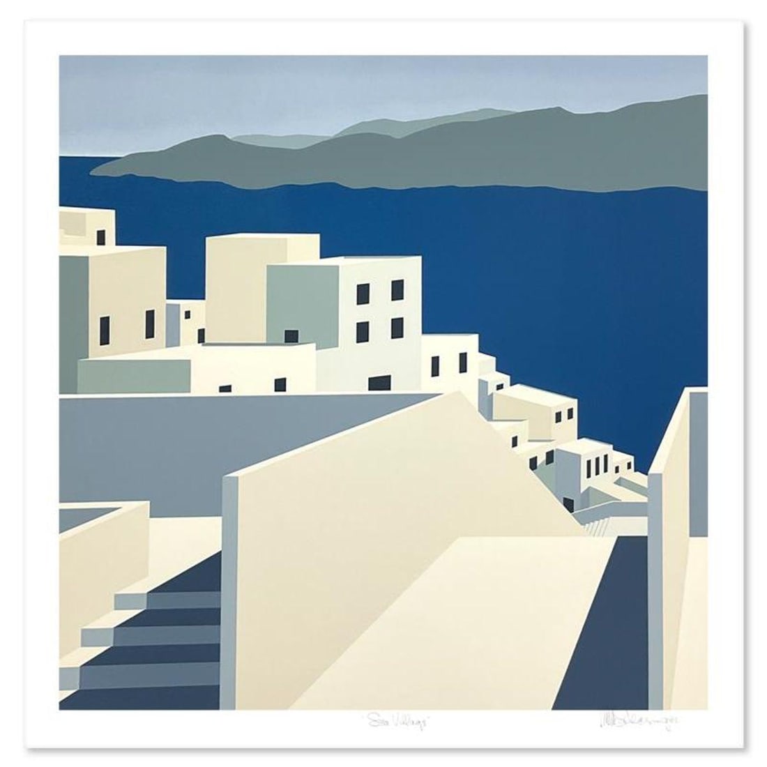 William Schlesinger (1915-2011), "Sea Village" Limited Edition Serigraph, Numbered and Hand Signed: Sea Village is a limited edition serigraph on paper by William Schlesinger (1915-2011), numbered and hand signed by the artist. Includes Letter of Authenticity. Measures approx. 29" x 29.5" (border),