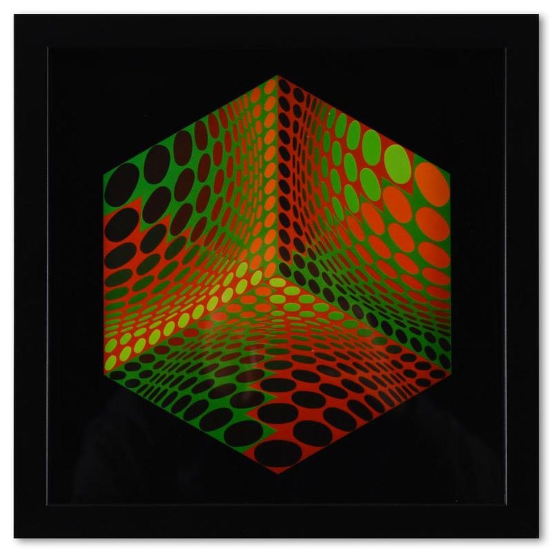 Victor Vasarely (1908-1997), "Tupa - 2 de la serie Structures Universelles De L'Hexagone" Framed: Tupa - 2 de la serie Structures Universelles De L'Hexagone is a heliogravure print on paper, published in 1975, by Victor Vasarely (1908-1997). This piece comes custom framed, with a letter of