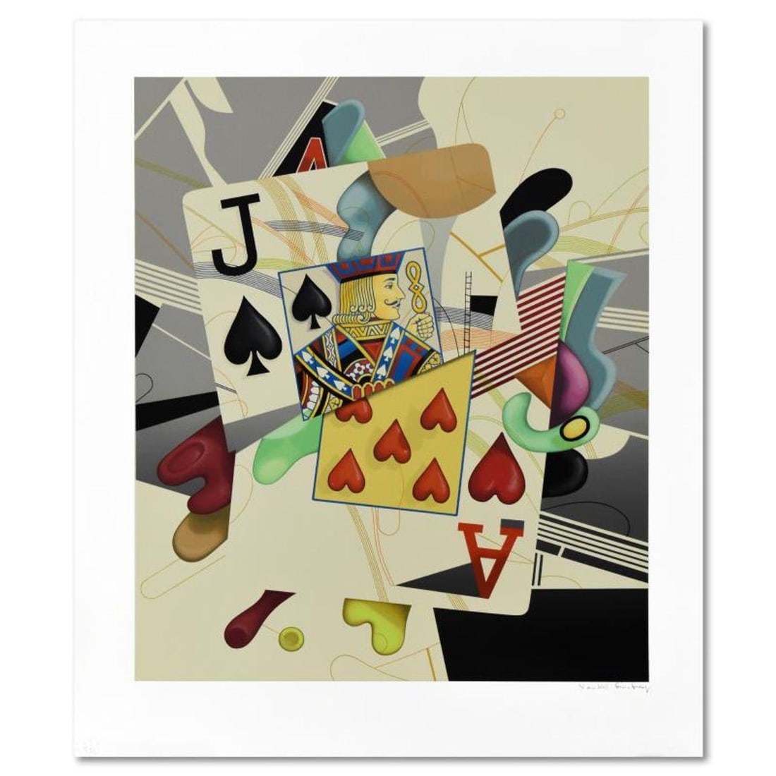 Yankel Ginzburg, "Ace/Jack (Blackjack)" Limited Edition Serigraph, Numbered 202/250 and Hand Signed: "Ace/Jack (Blackjack)" is a limited edition serigraph on paper by Yankel Ginzburg, numbered 202/250 and hand signed by the artist. Includes Letter of Authenticity. Measures approx. 28.5" x 35" (border