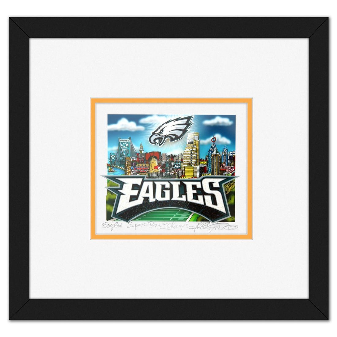 Charles Fazzino- 3D Construction Silkscreen Serigraph "Eagles Super Bowl Champs": Artist: Charles Fazzino. Medium: 3D Construction Silkscreen Serigraph. Title: Eagles Super Bowl Champs. Size: 5" x 6". Measures approx. 11" x 12" (framed). Signature: Hand signed and numbered. Certifi