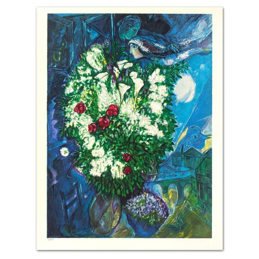 Marc Chagall (1887-1985), "Bouquet Aux Amoureux Volants" Limited Edition Lithograph with Letter of: Bouquet Aux Amoureux Volants is a limited edition lithograph on paper by Marc Chagall (1887-1985). Printed by Atelier Tete a Tete in Paris and authorized by the Chagall Estate and ADAGP Paris , the pi