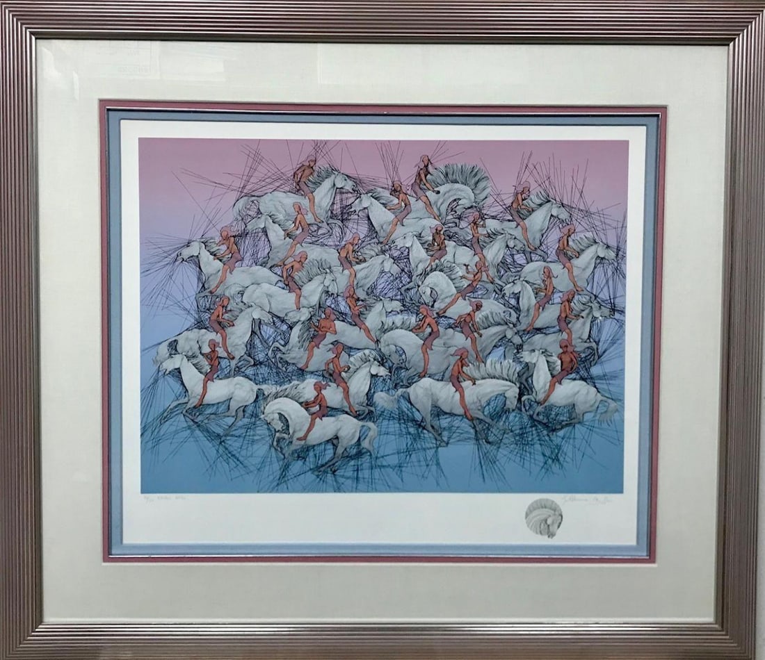 Guillaume Azoulay- Serigraph on paper with hand drawn remarque "Exodus": Artist: Guillaume Azoulay. Medium: Serigraph on paper with hand drawn remarque. Title: Exodus. Measures approx. 40" x 50" (framed). Signature: Hand signed and numbered. Reference#: 28135.