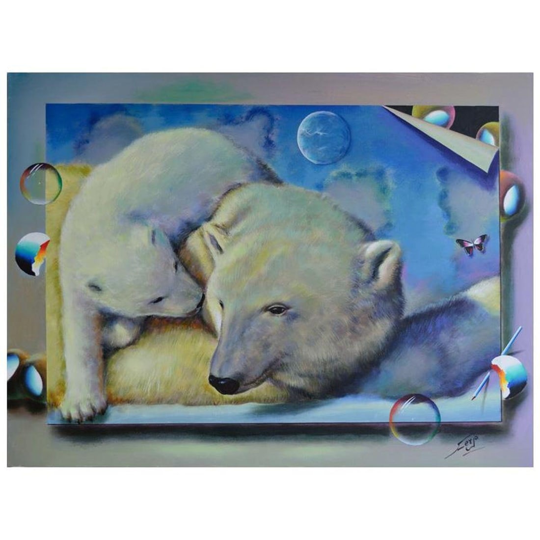 Ferjo, "Polar Bear Love" Original Painting on Canvas, Hand Signed with Letter of Authenticity.: "Polar Bear Love" is an original painting, oil on stretched canvas by Ferjo. Hand signed by the artist, this piece comes with a letter of authenticity. Measures approx. 30" x 40" (image).