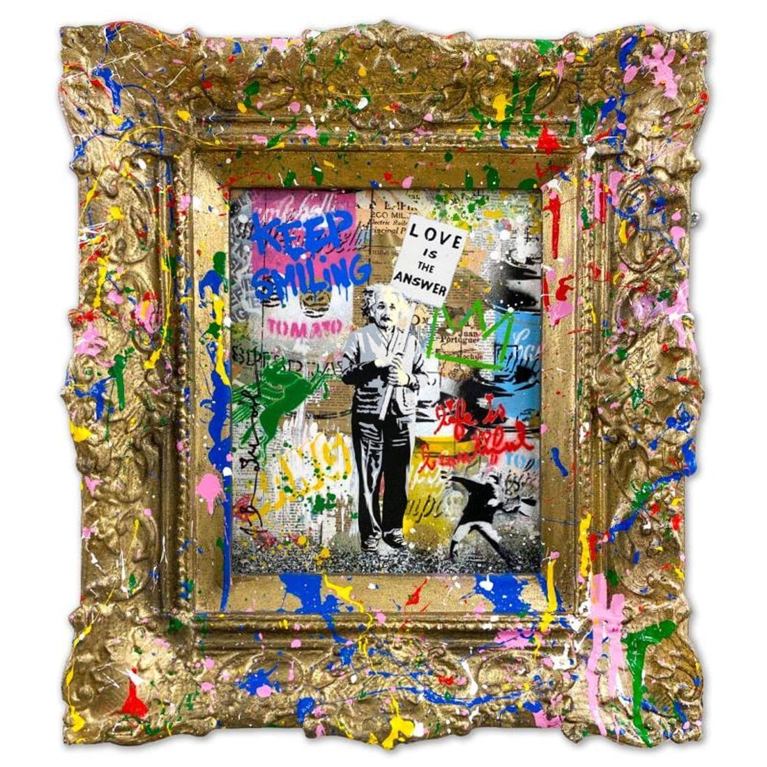Mr Brainwash, "Einstein" Splash Framed Mixed Media Original on Canvas Panel, Hand Signed with: "Einstein" is a mixed media original on canvas panel by Mr Brainwash, hand signed and thumbprinted inverso by the artist.This piece comes with a hand painted frame. Includes Certificate of Authenticit