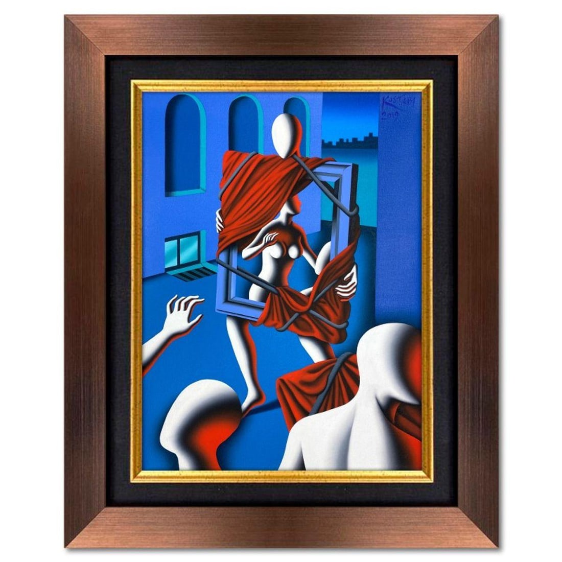 Mark Kostabi, "Fuga Svelata" Framed Original Oil Painting on Canvas, Hand Signed with COA: "Fuga Svelata" is an original oil painting on canvas by Mark Kostabi, hand signed by the artist. This piece comes custom framed. Includes Certificate of Authenticity. Measures approx. 33.5" x 27.5" (f