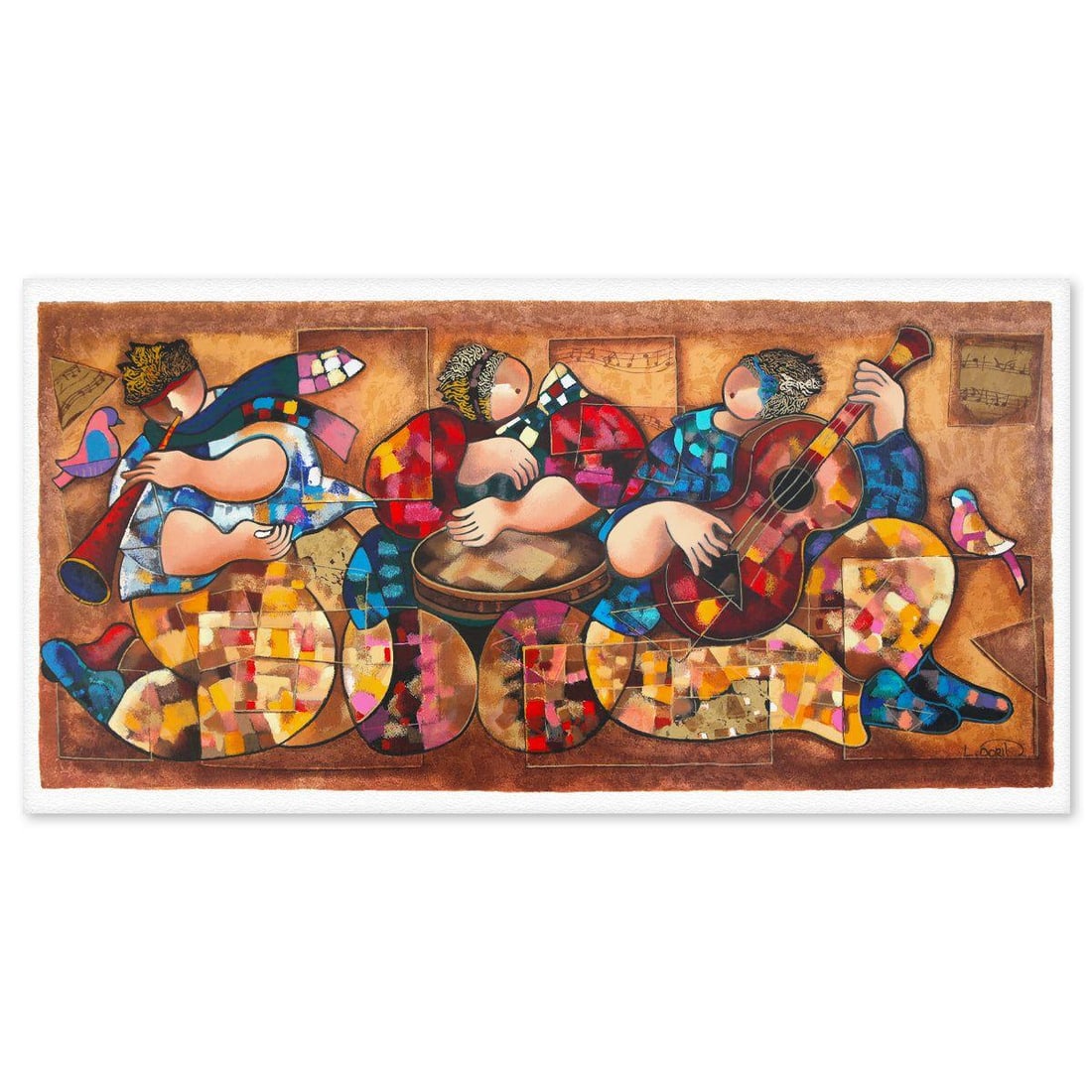 Dorit Levy- Serigraph "Ethnic Music Players": Artist: Dorit Levy. Medium: Serigraph. Title: Ethnic Music Players. Size: 19" x 41". Signature: Hand signed and numbered. Reference#: 74798.