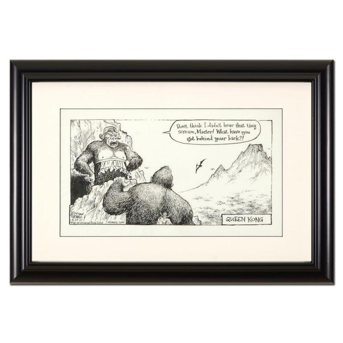 Bizarro, "Queen Kong" is a Framed Original Pen & Ink Drawing by Dan Piraro, Hand Signed with Letter: Enter a surreal and satirical world of twisted imagination and award winning creativity. "Queen Kong" is an original pen & ink drawing on paper by Dan Piraro, creator of the critically acclaimed and a