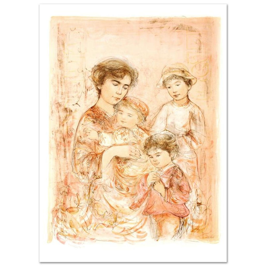 Lotte and Her Children Limited Edition Lithograph (27" x 37.5") by Edna Hibel (1917-2014), Numbered (1 of 1)