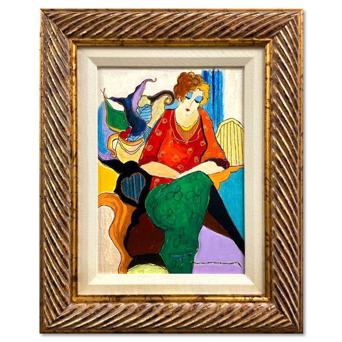 Itzchak Tarkay (1935-2012), "Waiting" Framed One-of-a-Kind Mixed Media Over Paint on Wood, Hand (1 of 2)