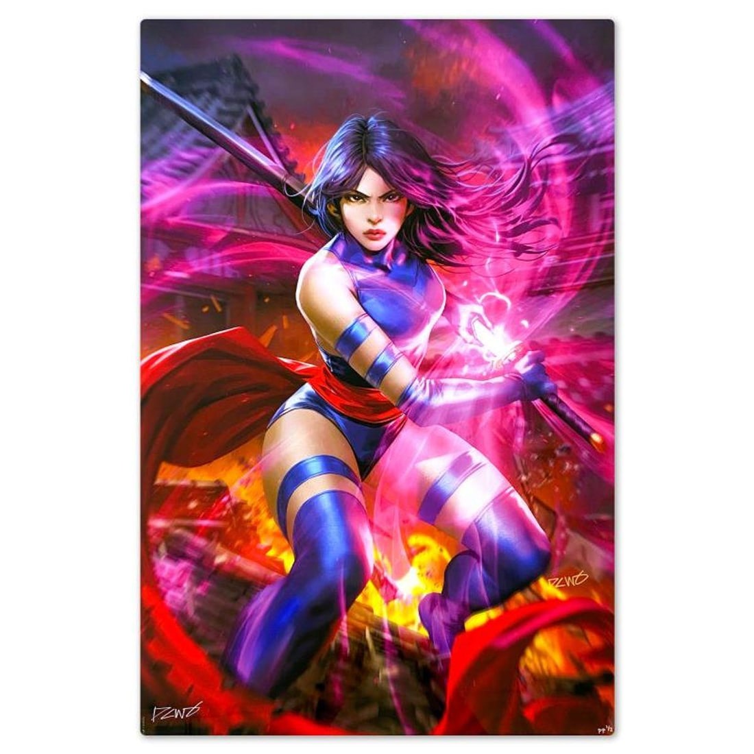 Marvel Comics & Derrick Chew, "Psylocke" Limited Edition on Aluminum, PP Numbered 1/2 and Signed: "Psylocke" is a limited edition giclee on aluminum from Marvel Comics and Derrick Chew, PP numbered 1/2 and bearing the authorized signature of the artist. Includes Letter of Authenticity. Measures ap