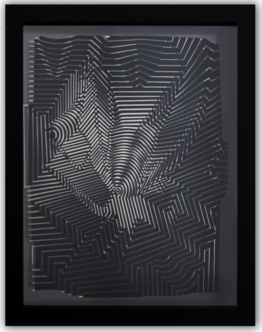 Victor Vasarely- 3D Wall Sculpture/object "Cinetiques": Artist: Victor Vasarely. Medium: 3D Wall Sculpture/object. Title: Cinetiques. Size: 11" x 9". Measures approx. 13" x 10.5" (framed). Additional: Custom Framed. 2 layers- Top layer printed on clear Luc