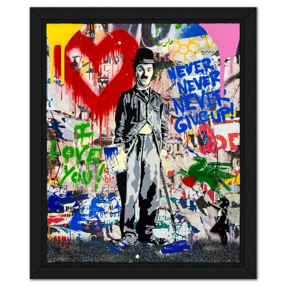 Mr. Brainwash, "Chaplin" Framed Mixed Media Original, Hand Signed with Certificate of Authenticity.: "Chaplin" is a mixed media original on deckle edge paper by Mr Brainwash, Hand Signed and thumbprinted inverso by the artist. This piece comes framed. Includes Certificate of Authenticity. Measures ap