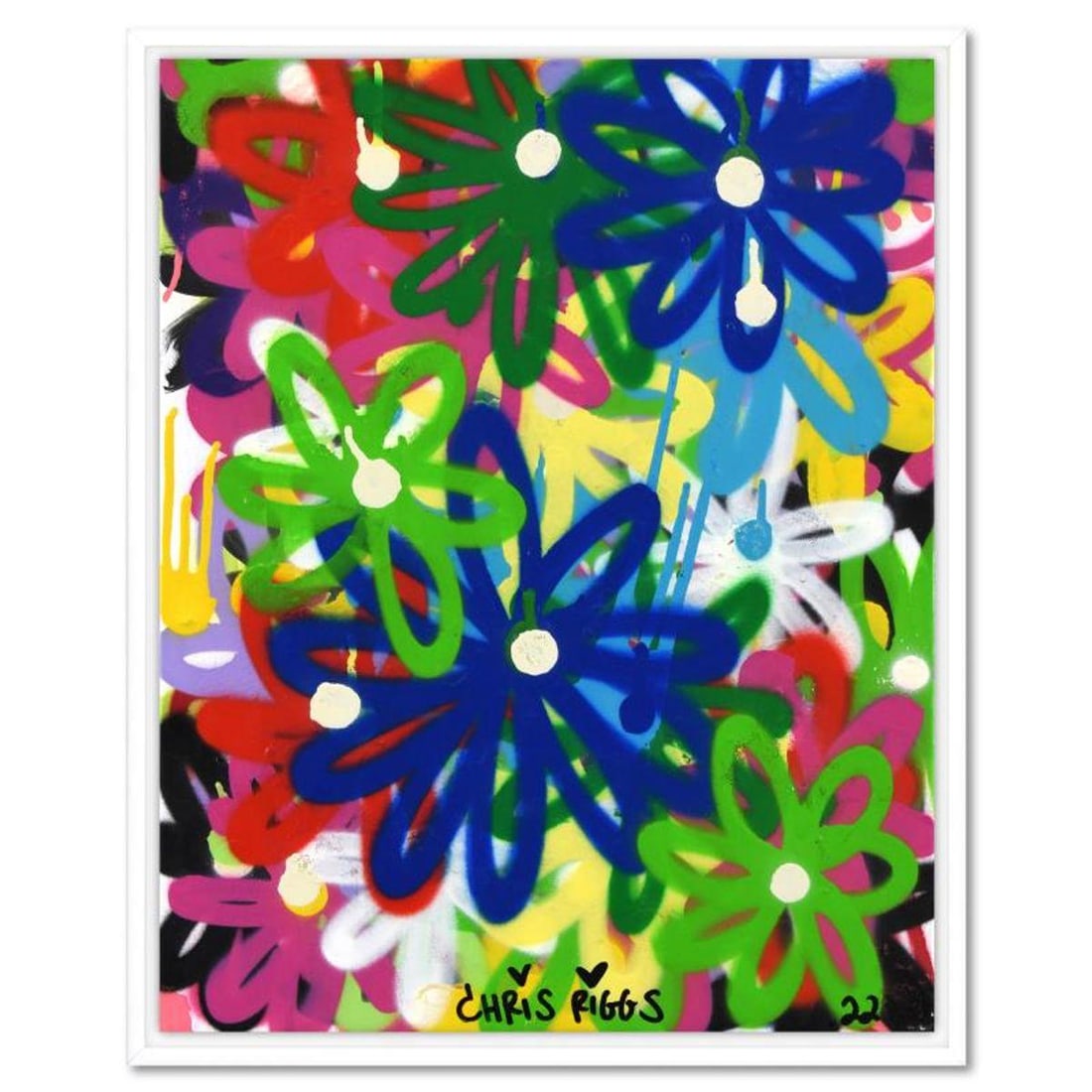 Chris Riggs, "Love" Framed Original Spray Paint Painting on Canvas, Hand Signed with Letter of: "Love" is an original spray paint painting on canvas by Chris Riggs, hand signed by the artist. This piece comes framed. Includes Letter of Authenticity. Measures approx. 17" x 21" (frame), 16" x 20"